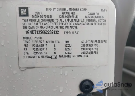 2006 Chevrolet Trailblazer Lt из США, поврежденный, VIN 1GNDT13S662202132